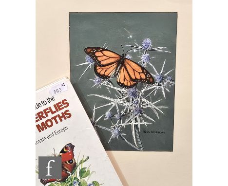 John Wilkinson (20th Century) - A study of a&nbsp;monarch butterfly perched on sea holly, watercolour, signed, framed, 19cm x