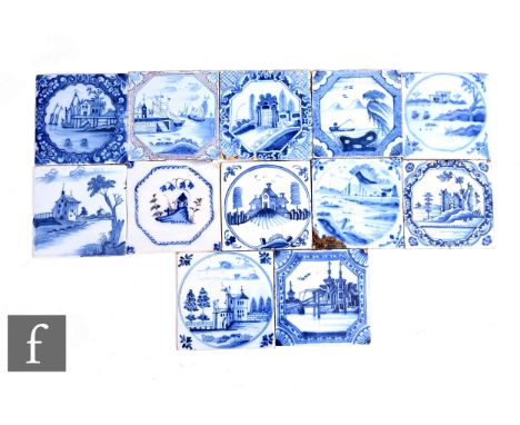 A collection of 18th Century English Delft 5 inch tiles, blue over white decoration depicting landscape and harbour scenes, a