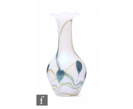 A later 20th Century Okra studio glass vase of ovoid form with tall collar neck and frill rim, decorated with iridescent styl