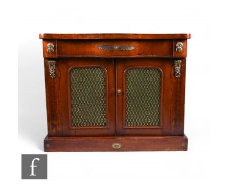A 19th Century French mahogany chiffonier, the serpentine edge top over a single frieze drawer above a cupboard base enclosed
