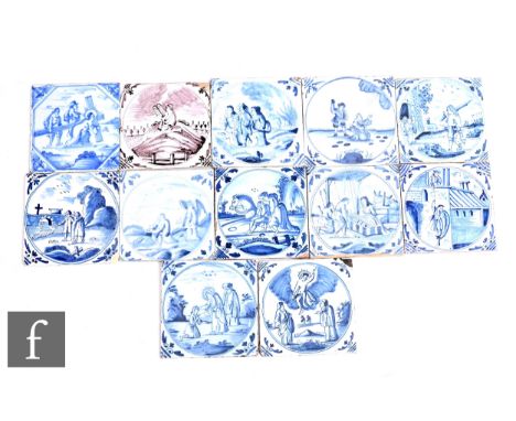 A collection of 18th Century English Delft blue on white 5 inch plastic clay tiles, each decorated with pictorial representat