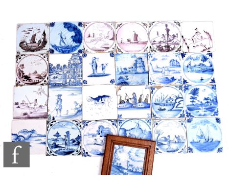 A collection of 18th Century English Delft 5 inch tiles, blue and magenta over white, decorated with figures, and figures in 