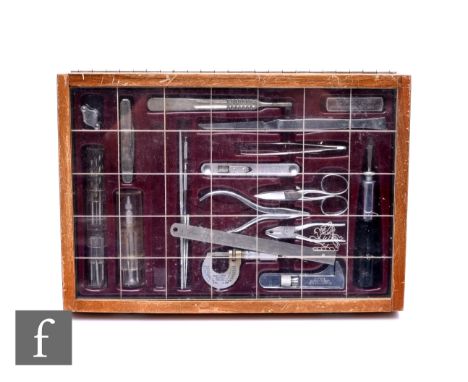 A 1950s or earlier apprentice engineers set to include drill bits, micrometre, pliers tools etc in a small fitted base, width