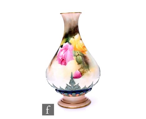 Ambrose Hood for Hadley's Worcester, a rose painted vase, circa 1910, of baluster form, with fluted neck and quatrefoil rim, 
