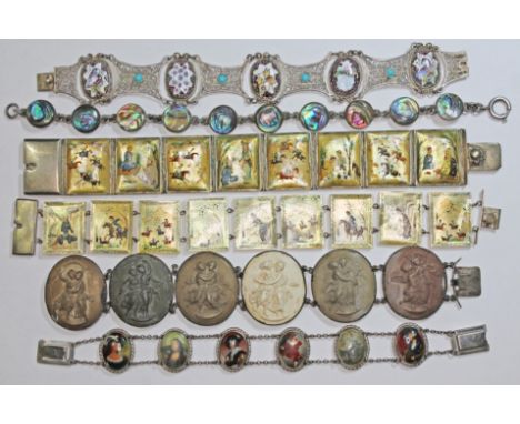 A group of six bracelets including eastern mother of pearl, white metal, lava cameo etc.&nbsp;Condition of lava cameo bracele