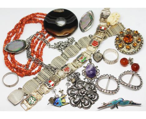 A mixed lot of jewellery including a coral bead necklace, various jewellery marked 'Silver', 'Sterling' etc.  