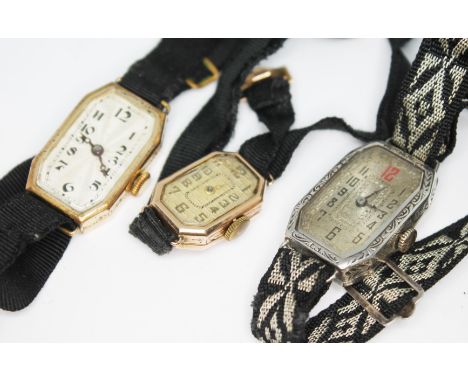 Three early 20th century Art Deco manual wind ladies wristwatches comprising an engraved silver cased Rone 15 jewel marked '9