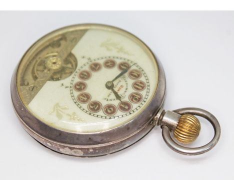 A 1920s Swiss eight day silver pocket watch, the dial signed 'Hebdomas Patent', with Arabic numerals, syringe hands and visib