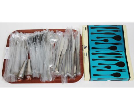 A set of Alveston stainless steel flatware designed by Robert Welch for Old Hall, comprising salt and pepper, six desert spoo