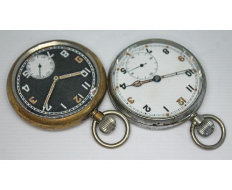 Two military General Service Time Piece pocket watches, one with white enamel dial and the other with black enamel dial, both