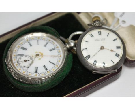 Two ladies silver pocket watches comprising a late 19th century engraved Swiss pocket watch marked '935' with Swiss hallmarks