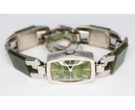A vintage Ciro 17 jewel manual wind ladies wristwatch with silver and nephrite jade case and integrated bracelet strap, the c