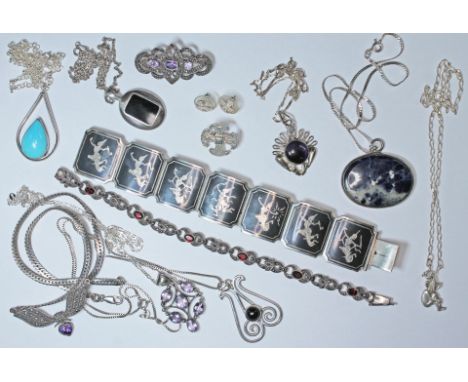 Assorted silver jewellery including Scottish, Celtic style, Siamese, various marks and stones.  