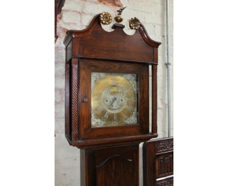 An 18th century 30 hour oak and pine longcase clock, the 12" brass dial signed Adam Costen Kirkham, height 221cm.  