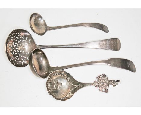 Three hallmarked silver ladles and a dutch silver ladle, various dates and makers, lengths 10cm to 17cm, wt. 3 3/4oz.  