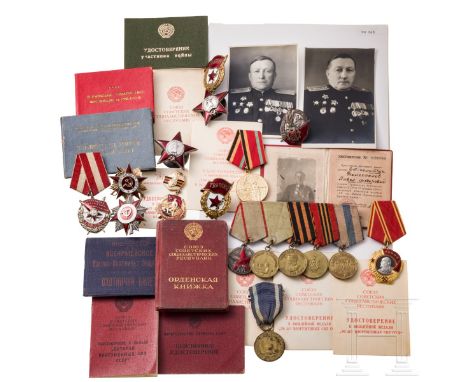 Nachlass von Major P. F. Dolgopolov (1906 - 1983) - sechs Orden, zwölf Auszeichnungen, Ordensbuch, Verleihungsbücher und Foto