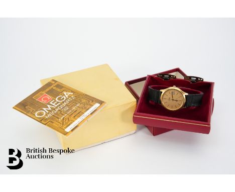 A vintage Omega De Ville Quartz wrist watch. The watch having a 35mm face with date aperture, baton markers, on a black leath
