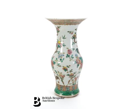 Chinese Qing Dynasty porcelain vase, painted with cockerel and hens amongst flowers and flowering trees, approx 39 cms h. (af