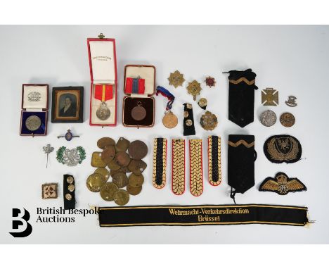 Miscellaneous militaria, including RAF Rank Corporal badge with propeller, Harvey's naval sliders, Belgium Army ribbon, Wirel