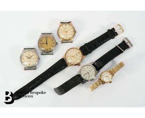 Six vintage watches including two gentleman's Smiths Astral wrist watches, both watch cases measuring approx. 32mm and having