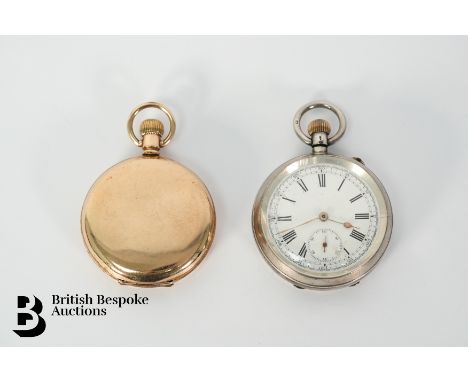 A gold plated full hunter pocket watch. The watch case measures 50mm, having a white enamel face with Arabic numerals and min