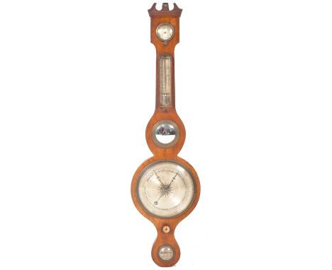 A 19th Century mahogany banjo wall barometer having a shaped pediment top with inset silvered gauge &amp; thermometer, centra