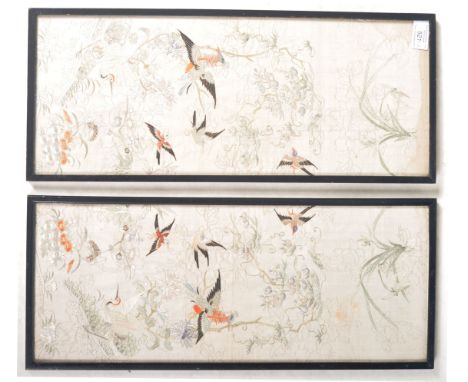 A pair of 19th Century Chinese silk panel tapestry paintings. Each depicting various birds within blossoming branches with bo