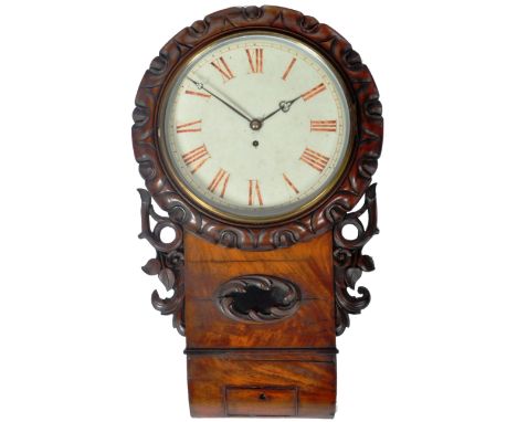 A 19th Century Victorian mahogany cased fusee movement drop-dial wall clock having a painted white dial with Roman numeral ch