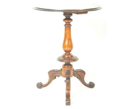 A 19th Century burr walnut tripod pedestal wine table / side occasional table having a circular top with quarter panel veneer