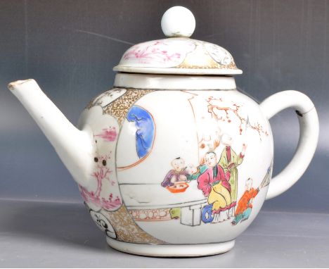 An 18th Century Chinese Qianlong period export porcelain teapot of typical form with white ground and hand painted decoration