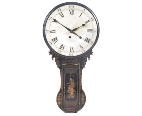 An 18th Century Matthew Hill Of London Chinoiserie wall hanging tavern clock having a teardrop shaped trunk with white circul