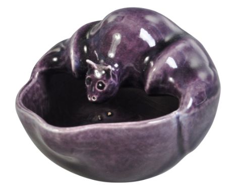 A 20th Century Chinese Republic period Qianlong mark brush washer water pot in the form of a bat having a deep purple glaze w