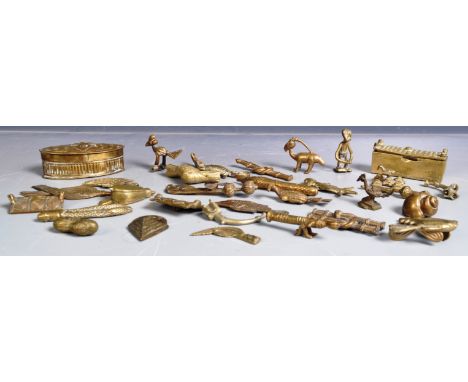 A large collection of approx 30x African tribal Ashanti lost wax gold weights to include zoomorphic examples, alligator / cro