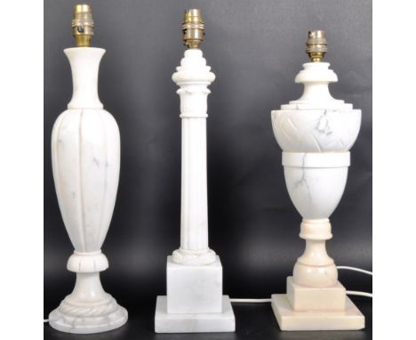 Three 20th Century Italian Classical Influence white marble &amp; alabaster table lamps comprising of a Corinthian column ree