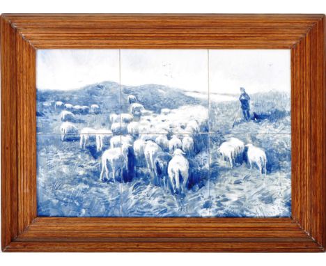 A 19th Century Delft framed tile group. Features a scene after Anton Mauve in blue and white with shepherd &amp; flock. Signa