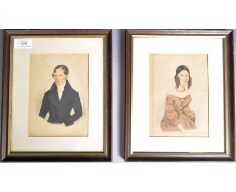 A pair of 19th Century watercolour portrait on paper paintings / studies of a lady &amp; gent. The lady with curled brown hai