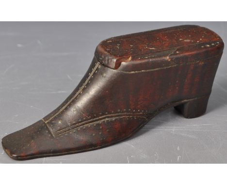 An 18th Century George III fruitwood novelty treen snuff box in the form of a shoe having a flat top toe section with raised 