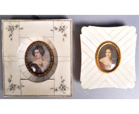 Two 19th Century watercolour on ivory portrait painting miniatures depicting women / maidens. One partly clad and signed Maye
