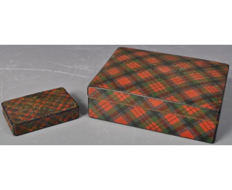 A 19th Century Mauchline 'Tartan Ware' tartan pattern hinged lid trinket box and a smaller matching lead lined interior snuff