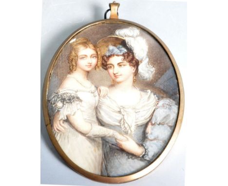 A 19th Century Victorian oval portrait miniature painting on ivory of a mother and her young daughter. Set within an oval bra