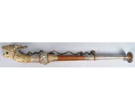 A 19th Century Tibetan Chinese mixed metal copper, brass and silver white metal figural ceremonial / temple horn having a rel