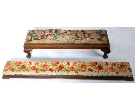 Two 19th Century mahogany long footstools comprising of a smaller example raised on cabriole legs with removable top and a lo