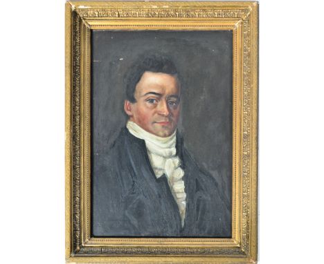 A 19th Century Victorian English oil on canvas portrait painting study depicting a well dressed gentleman in black coat. Set 