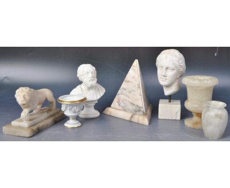 A collection of 19th Century Italian Grand Tour artifacts comprising of a white head of a goddess on stand, bust of a Philoso