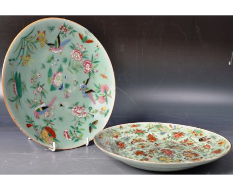 A pair of 19th century Chinese oriental enamel glaze Canton Celadon porcelain ground plates. Decorated with flora &amp; fauna