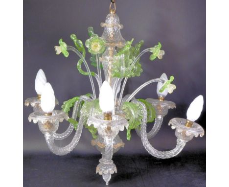 A 20th Century Murano Italian Venetian green &amp; clear glass glass chandelier electrollier having multiple glass arm light 