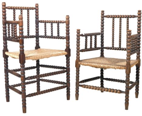 A pair of 19th Century Victorian Arts &amp; Crafts William &amp; Mary manner bobbin armchairs. Both with bobbin turned oak ba