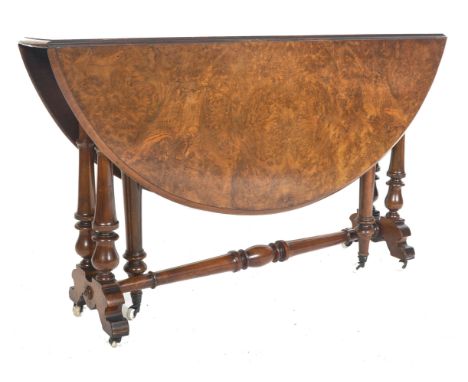 A 19th Century Victorian burr walnut Sutherland table / drop leaf side occasional dining table having a burl veneer table top