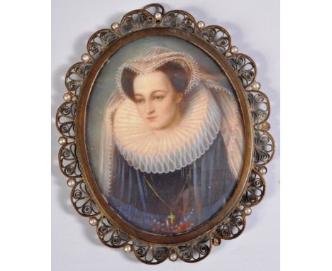 A 19th Century portrait miniature painting depicting a study of a young Queen Mary. The painting on an oval believed ivory ( 