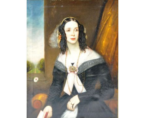 A 19th Century Victorian English oil on canvas portrait painting study depicting a well dressed lady adorned with jewellery a